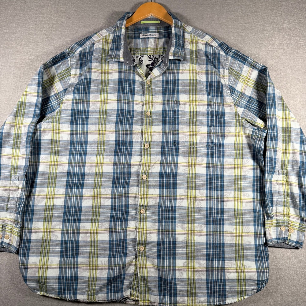 Tommy Bahama Men XXXL Blue Yellow Plaid Tropical Floral Cotton Button Down Shirt